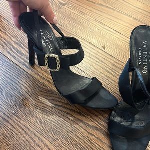 Valentino satin strappy sandal with rhinestone buckle
